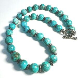 Blue Bead Necklace 22" Gold Matrix Silver Tone Rondelles‎ Toggle Clasp 22"